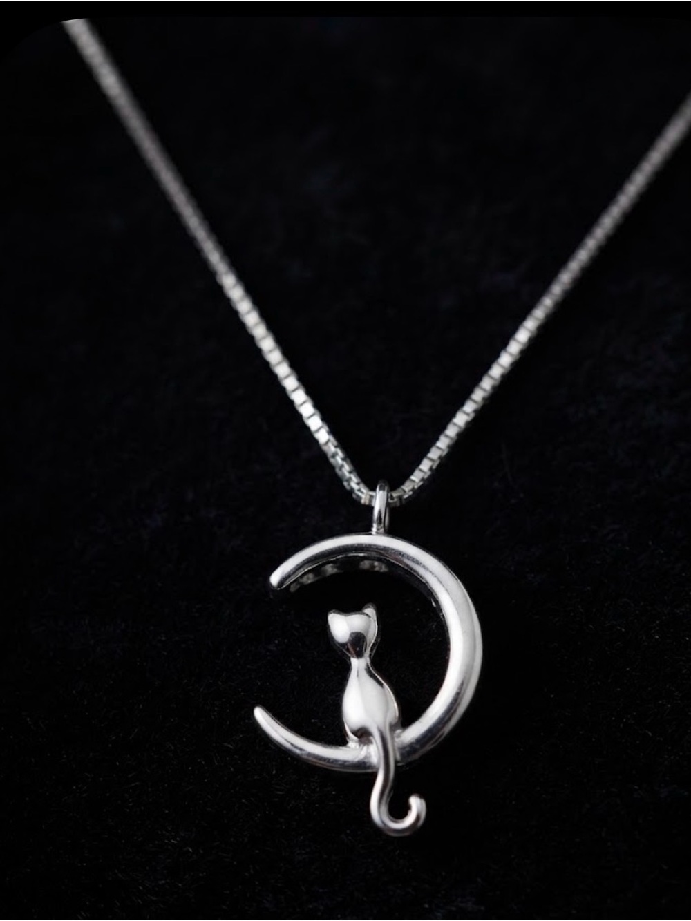 Silver 925  Cat on Crescent Moon Pendant Necklace - Silver stamp